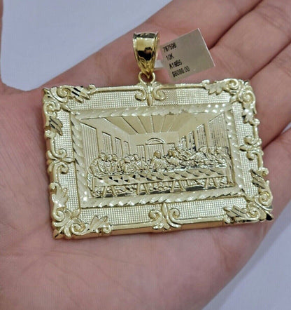 Real 10k Gold Pendant Charm Last Supper Square Jesus 10kt Yellow 1.5 - 3 Inch SALE - Reva Jeweler