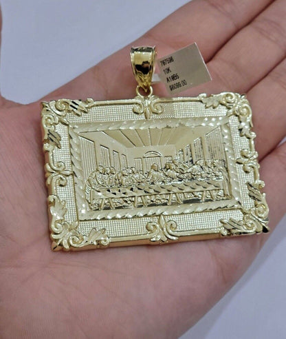 Real 10k Gold Pendant Charm Last Supper Square Jesus 10kt Yellow 1.5 - 3 Inch SALE - Reva Jeweler