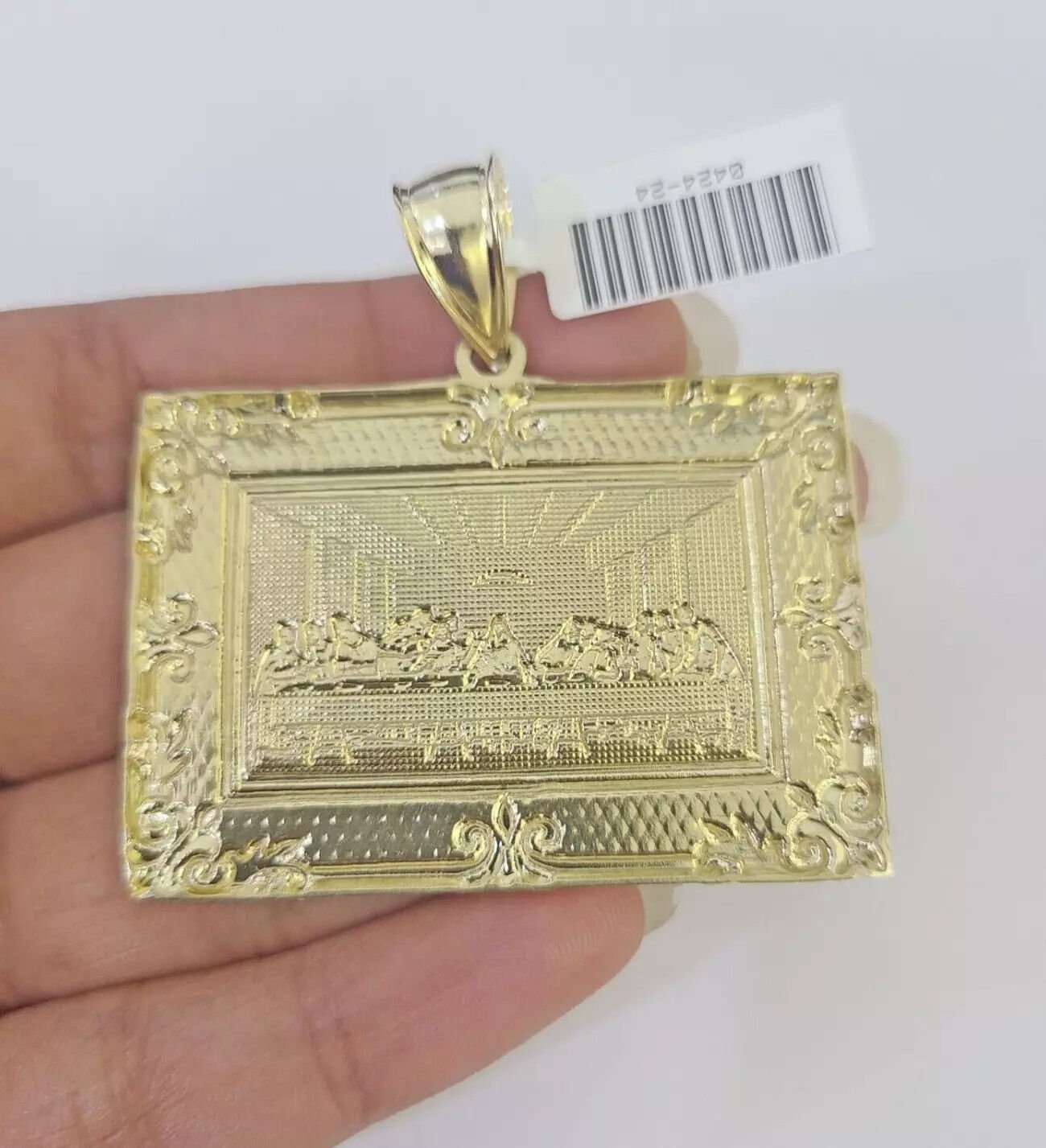 Real 10k Gold Pendant Charm Last Supper Square Jesus 10kt Yellow 1.5 - 3 Inch SALE - Reva Jeweler