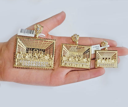 Real 10k Gold Pendant Charm Last Supper Square Jesus 10kt Yellow Gold With Stone - Reva Jeweler