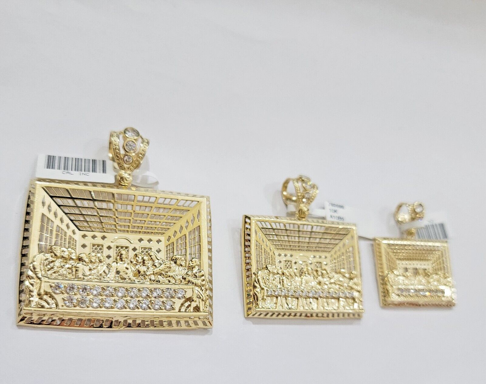 Real 10k Gold Pendant Charm Last Supper Square Jesus 10kt Yellow Gold With Stone - Reva Jeweler
