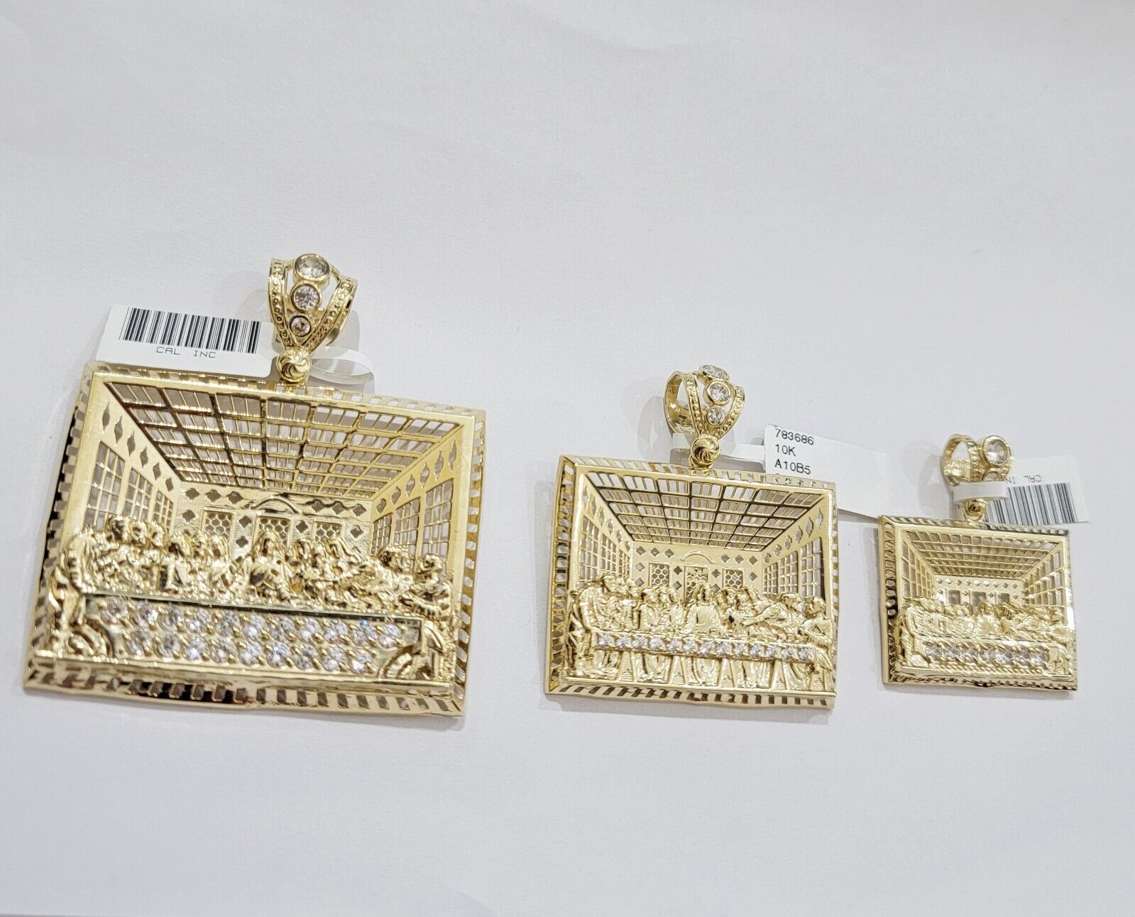 Real 10k Gold Pendant Charm Last Supper Square Jesus 10kt Yellow Gold With Stone - Reva Jeweler