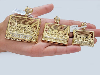 Real 10k Gold Pendant Charm Last Supper Square Jesus 10kt Yellow Gold With Stone - Reva Jeweler
