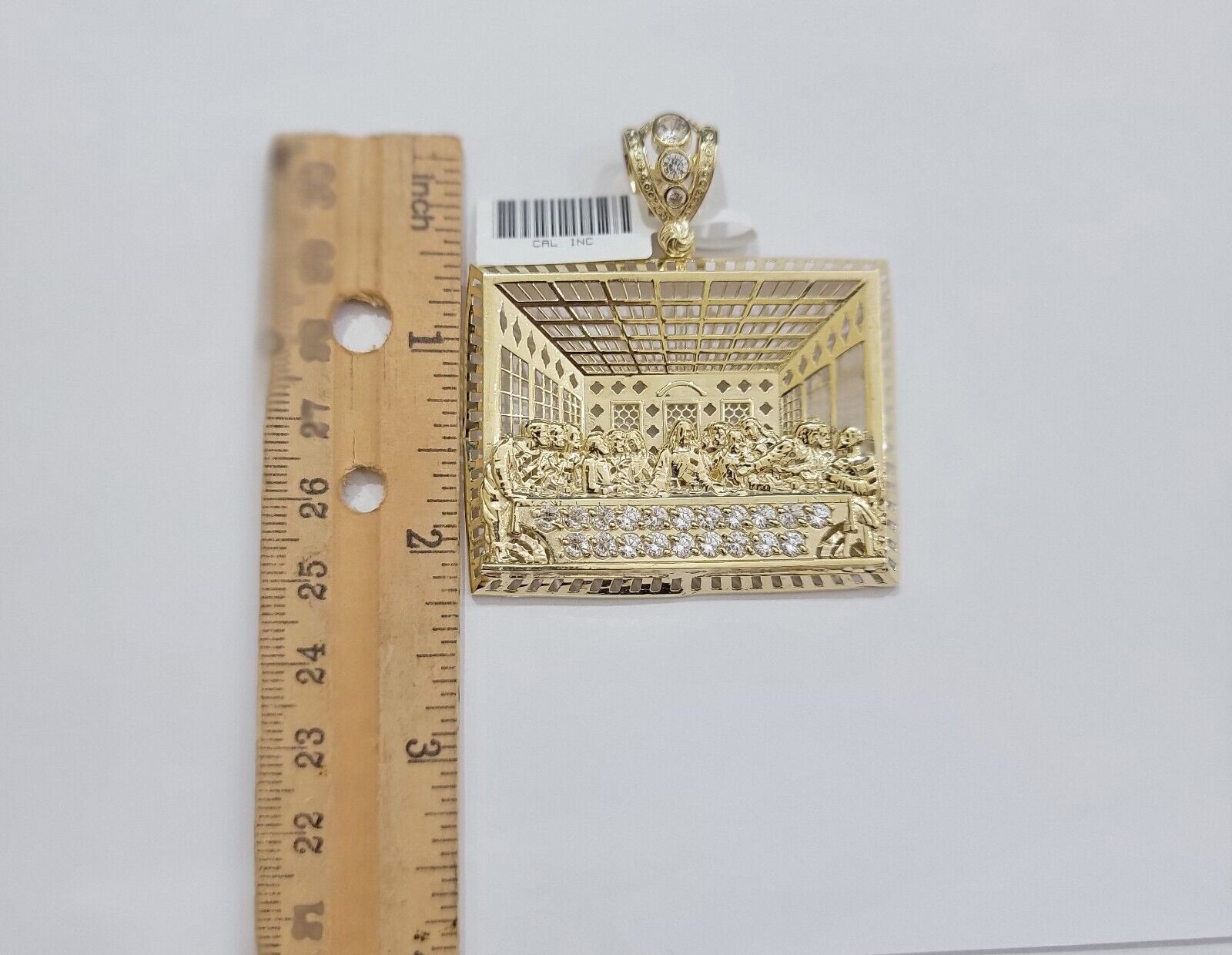 Real 10k Gold Pendant Charm Last Supper Square Jesus 10kt Yellow Gold With Stone - Reva Jeweler