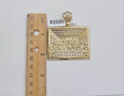 Real 10k Gold Pendant Charm Last Supper Square Jesus 10kt Yellow Gold With Stone - Reva Jeweler