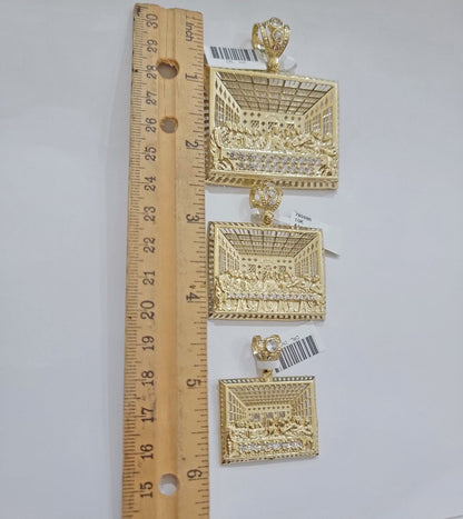 Real 10k Gold Pendant Charm Last Supper Square Jesus 10kt Yellow Gold With Stone - Reva Jeweler