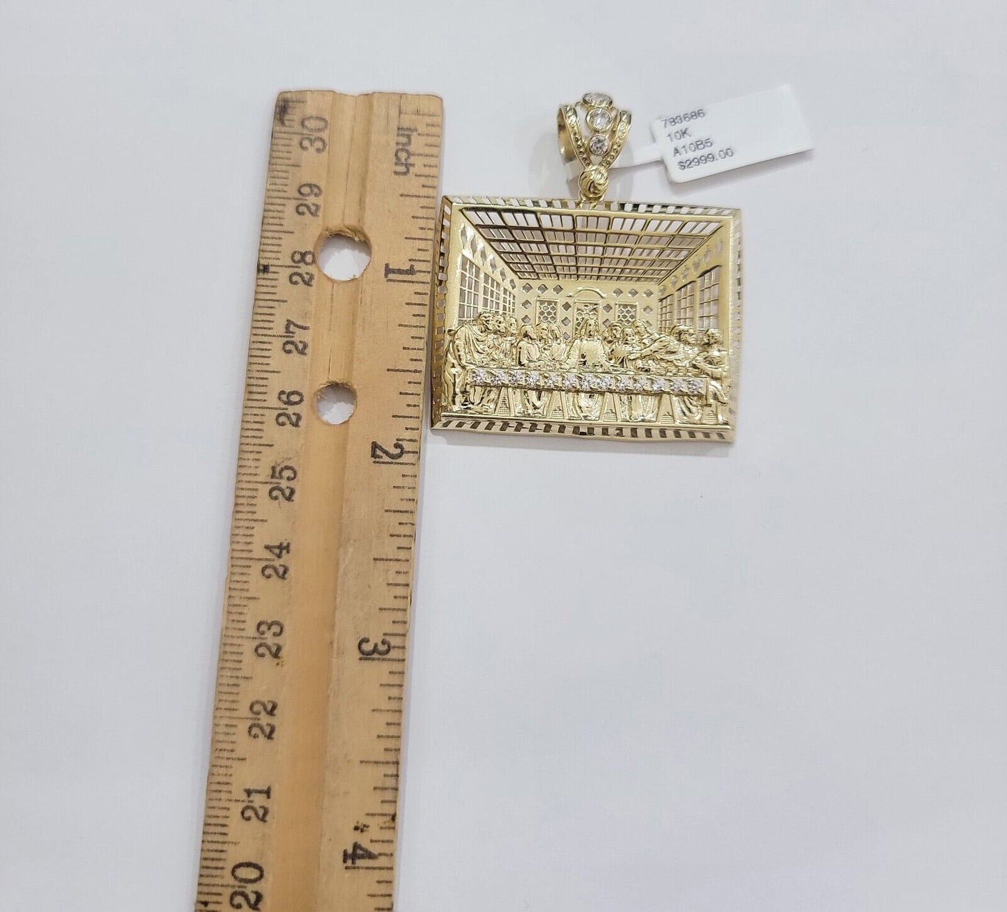Real 10k Gold Pendant Charm Last Supper Square Jesus 10kt Yellow Gold With Stone - Reva Jeweler