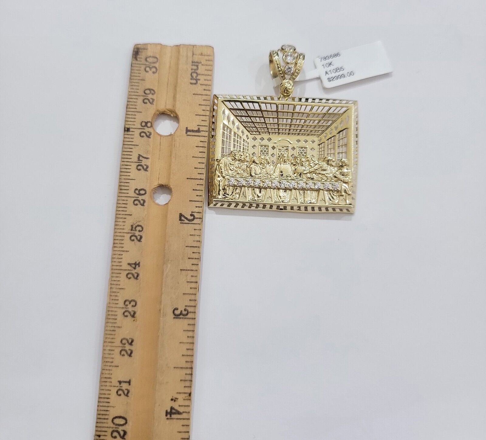 Real 10k Gold Pendant Charm Last Supper Square Jesus 10kt Yellow Gold With Stone - Reva Jeweler