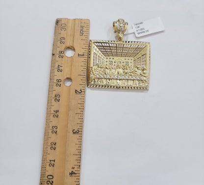 Real 10k Gold Pendant Charm Last Supper Square Jesus 10kt Yellow Gold With Stone - Reva Jeweler