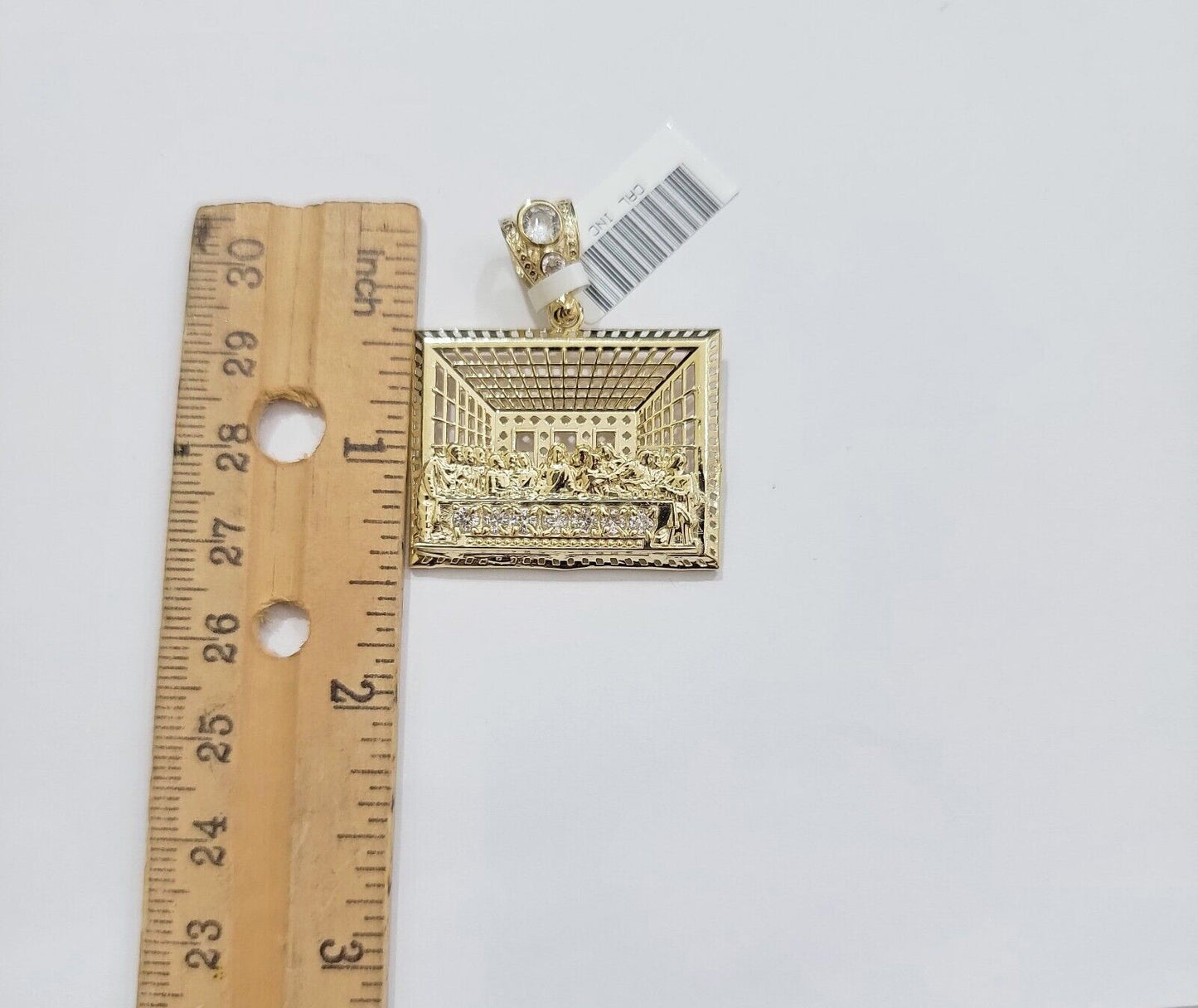Real 10k Gold Pendant Charm Last Supper Square Jesus 10kt Yellow Gold With Stone - Reva Jeweler