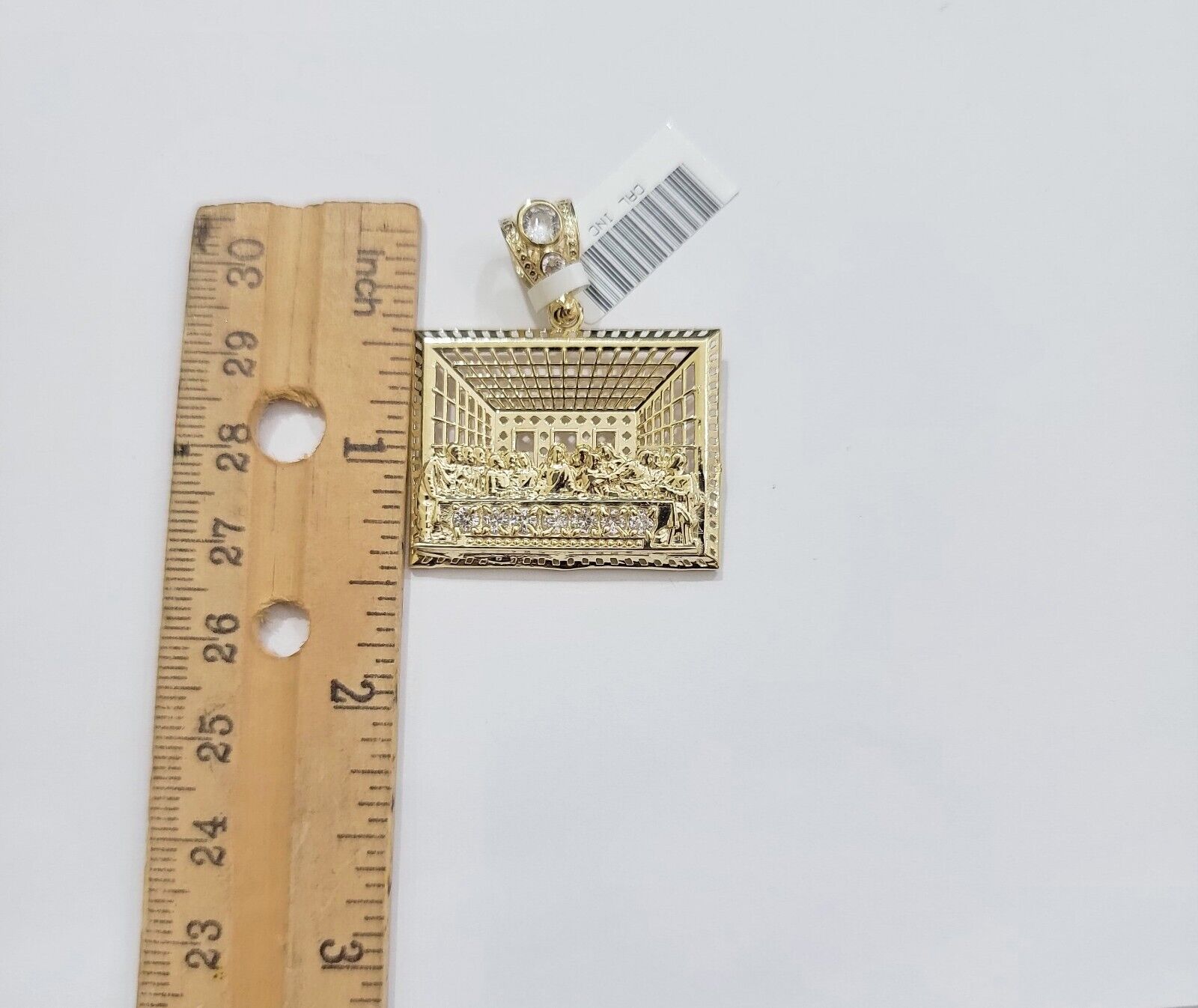 Real 10k Gold Pendant Charm Last Supper Square Jesus 10kt Yellow Gold With Stone - Reva Jeweler