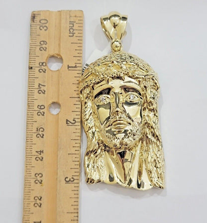 Real 10k Gold Pendant Jesus Head Charm 10kt Yellow Gold 3.1 Inch Long For Men's - Reva Jeweler