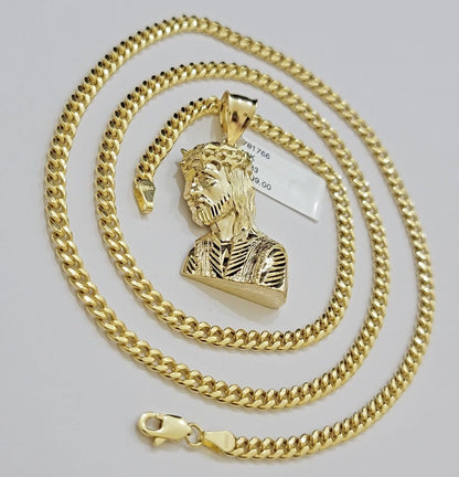 Real 10k Gold Pendant Necklace SET & Miami Cuban Link Chain 4mm 22" & Jesus Head - Reva Jeweler