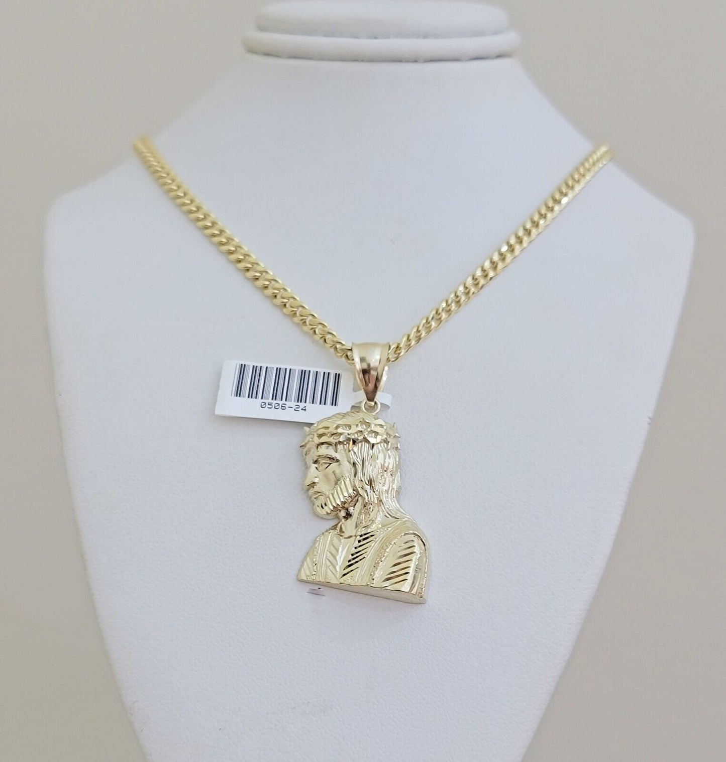 Real 10k Gold Pendant Necklace SET & Miami Cuban Link Chain 4mm 22" & Jesus Head - Reva Jeweler