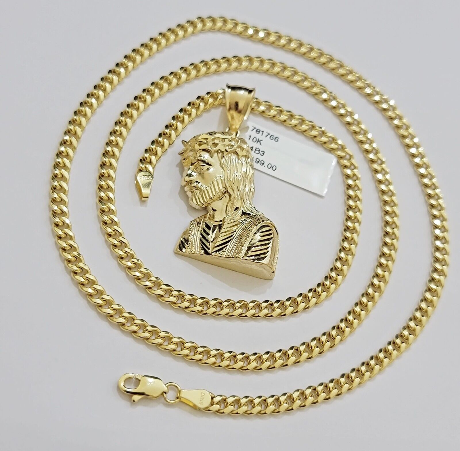 Real 10k Gold Pendant Necklace SET & Miami Cuban Link Chain 4mm 22" & Jesus Head - Reva Jeweler