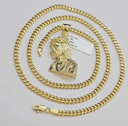 Real 10k Gold Pendant Necklace SET & Miami Cuban Link Chain 4mm 22" & Jesus Head - Reva Jeweler