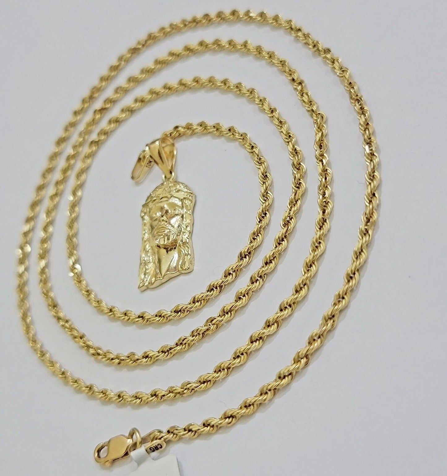 REAL 10k Gold Pendant & Solid Rope Chain Necklace 18" - 24 Inch Jesus Face Charm - Reva Jeweler