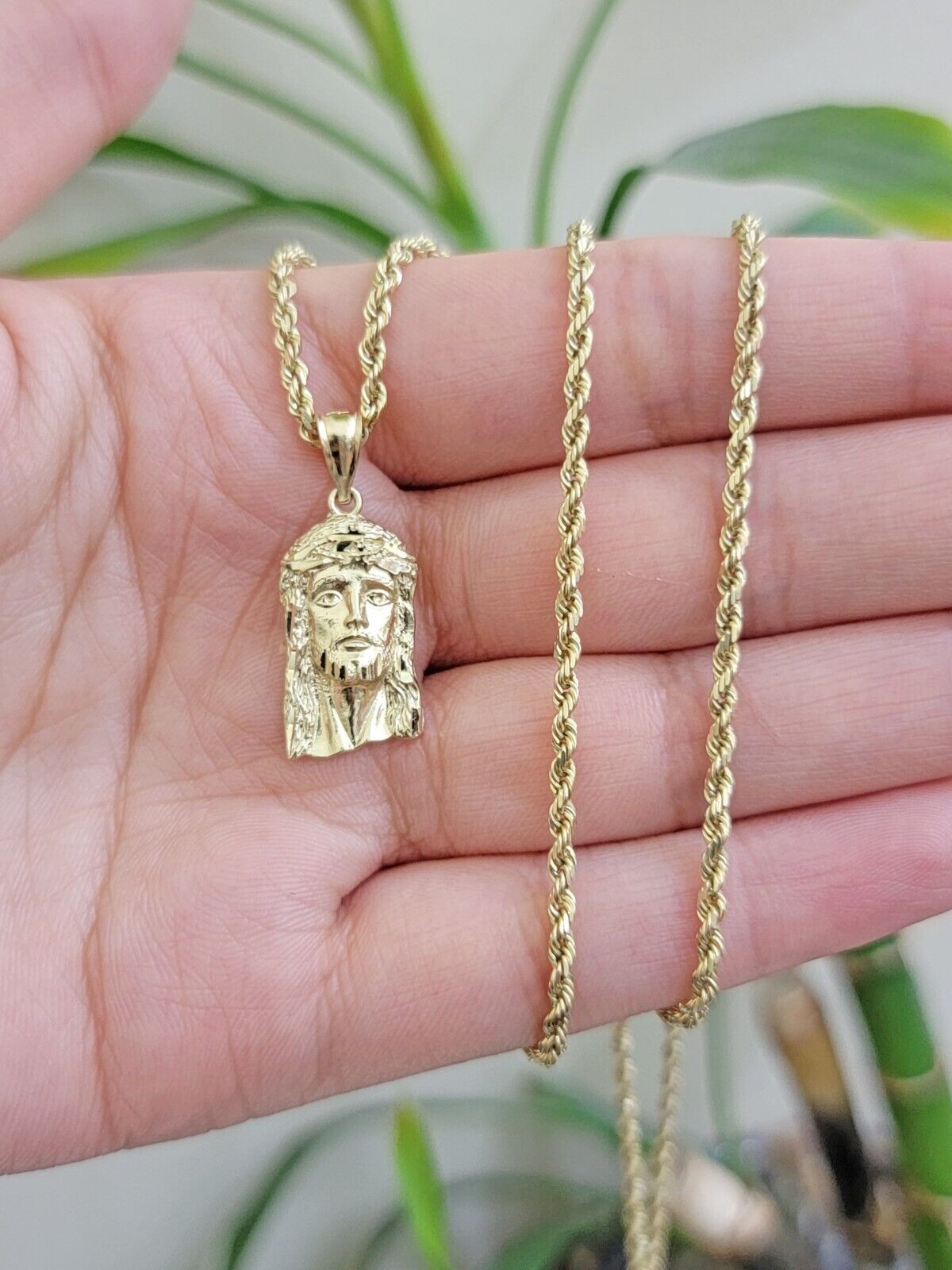 REAL 10k Gold Pendant & Solid Rope Chain Necklace 18" - 24 Inch Jesus Face Charm - Reva Jeweler