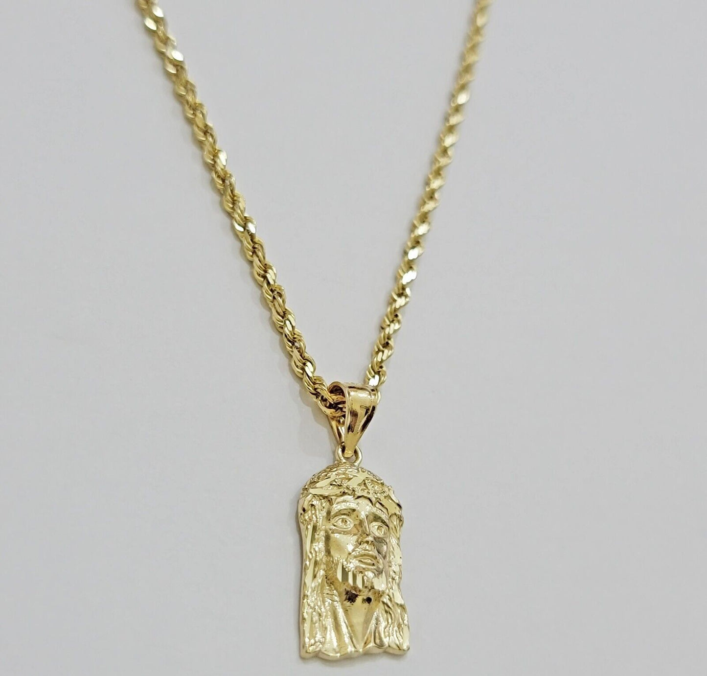 REAL 10k Gold Pendant & Solid Rope Chain Necklace 18" - 24 Inch Jesus Face Charm - Reva Jeweler