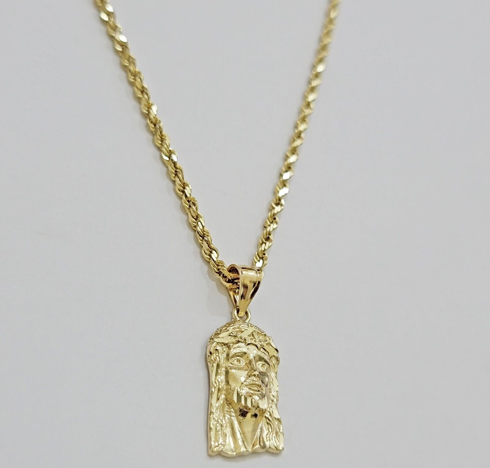 REAL 10k Gold Pendant & Solid Rope Chain Necklace 18" - 24 Inch Jesus Face Charm - Reva Jeweler