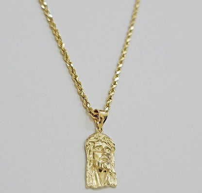 REAL 10k Gold Pendant & Solid Rope Chain Necklace 18" - 24 Inch Jesus Face Charm - Reva Jeweler