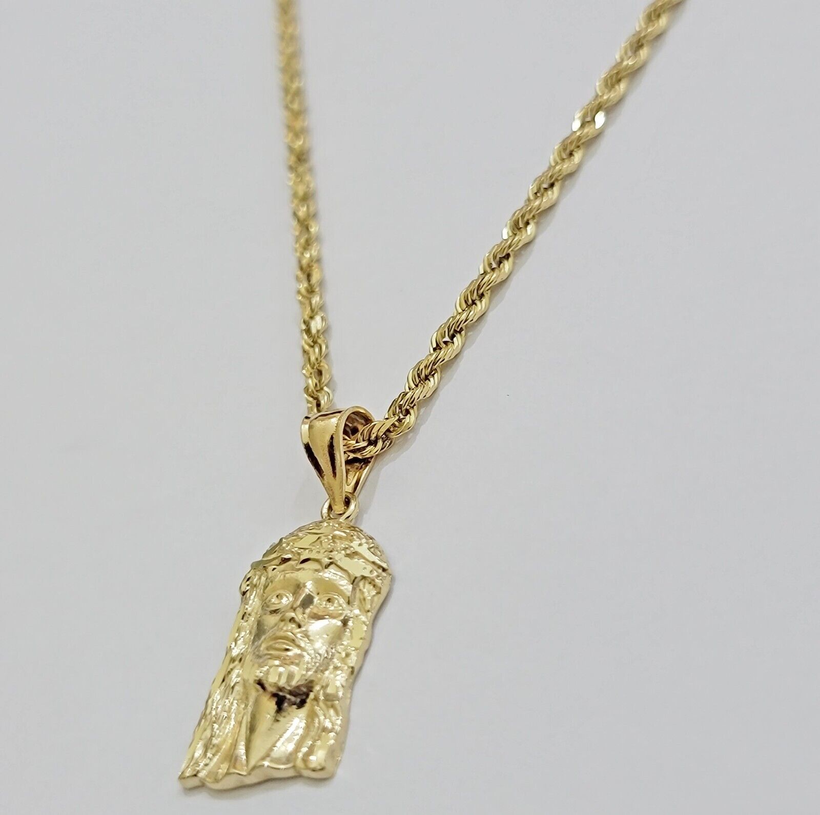 REAL 10k Gold Pendant & Solid Rope Chain Necklace 18" - 24 Inch Jesus Face Charm - Reva Jeweler