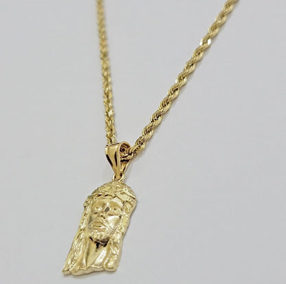 REAL 10k Gold Pendant & Solid Rope Chain Necklace 18" - 24 Inch Jesus Face Charm - Reva Jeweler