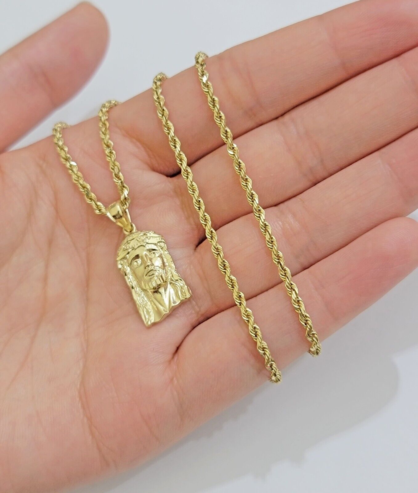 REAL 10k Gold Pendant & Solid Rope Chain Necklace 18" - 24 Inch Jesus Face Charm - Reva Jeweler