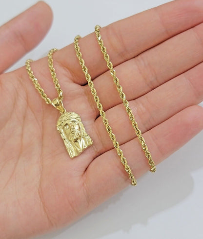 REAL 10k Gold Pendant & Solid Rope Chain Necklace 18" - 24 Inch Jesus Face Charm - Reva Jeweler