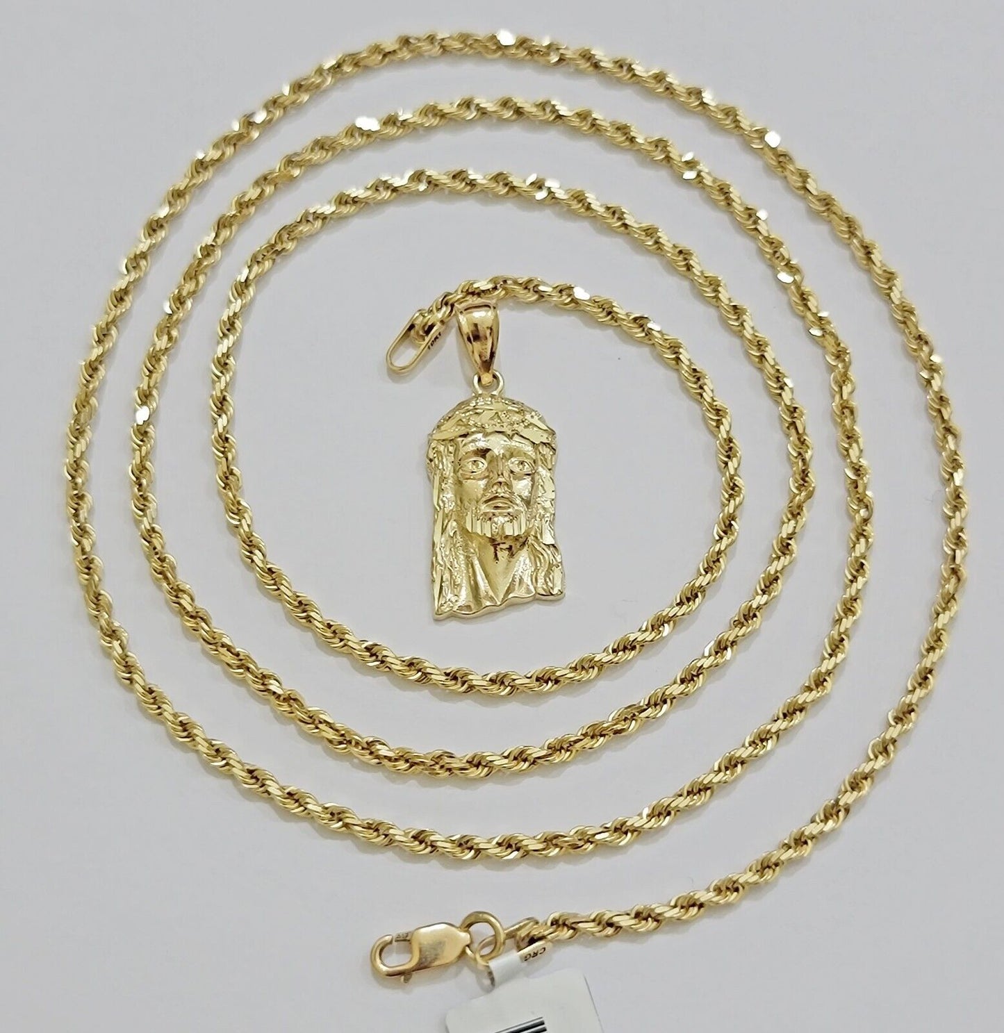REAL 10k Gold Pendant & Solid Rope Chain Necklace 18" - 24 Inch Jesus Face Charm - Reva Jeweler