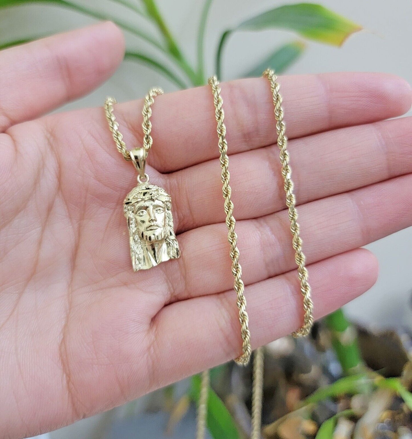 REAL 10k Gold Pendant & Solid Rope Chain Necklace 18" - 24 Inch Jesus Face Charm - Reva Jeweler