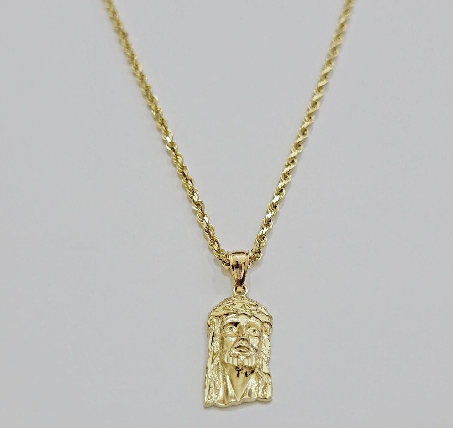 REAL 10k Gold Pendant & Solid Rope Chain Necklace 18" - 24 Inch Jesus Face Charm - Reva Jeweler