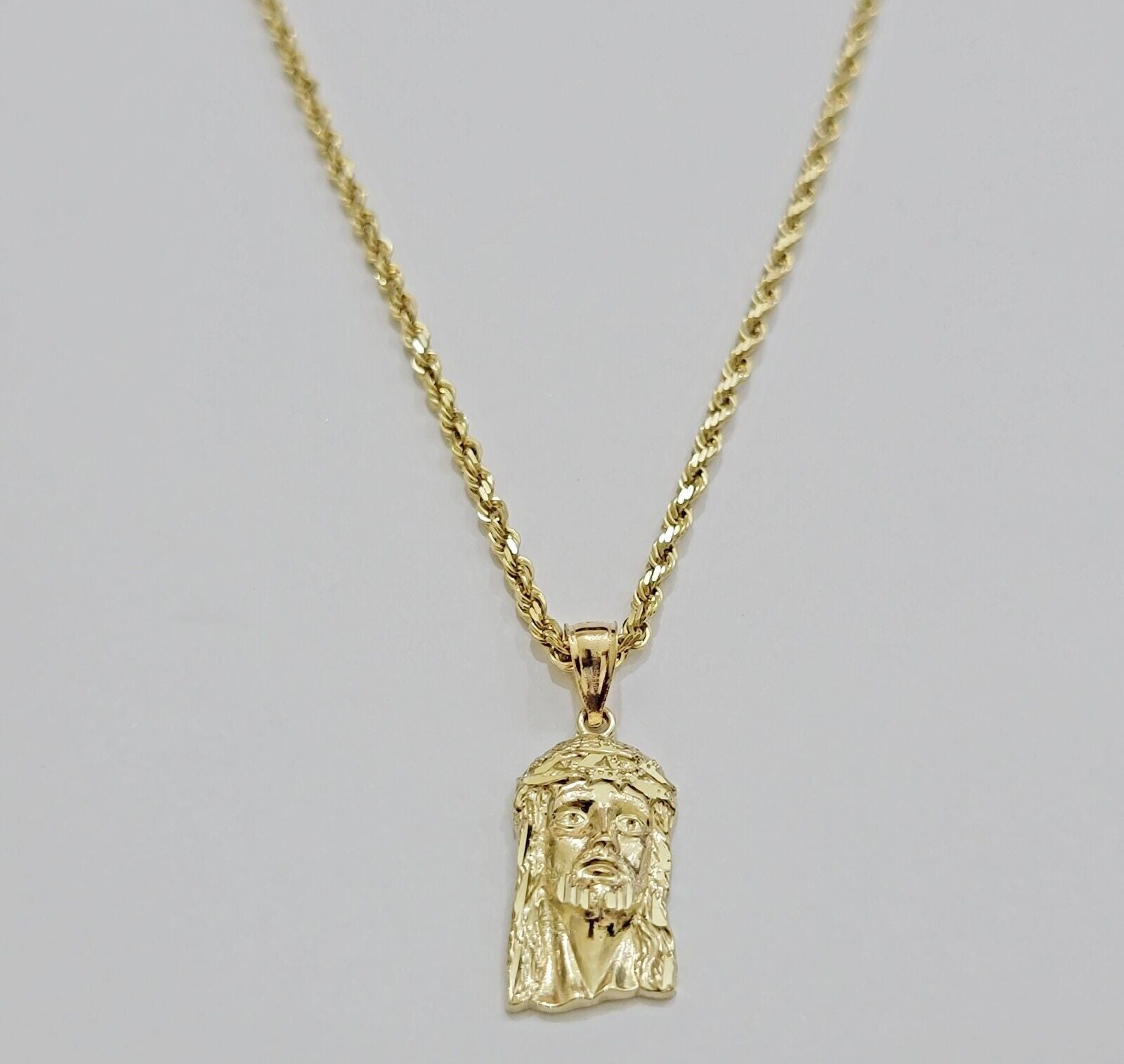 REAL 10k Gold Pendant & Solid Rope Chain Necklace 18" - 24 Inch Jesus Face Charm - Reva Jeweler