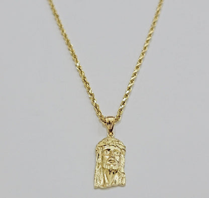 REAL 10k Gold Pendant & Solid Rope Chain Necklace 18" - 24 Inch Jesus Face Charm - Reva Jeweler