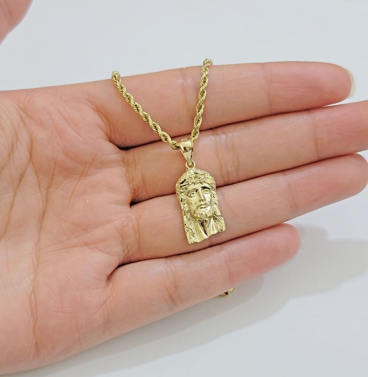 REAL 10k Gold Pendant & Solid Rope Chain Necklace 18" - 24 Inch Jesus Face Charm - Reva Jeweler