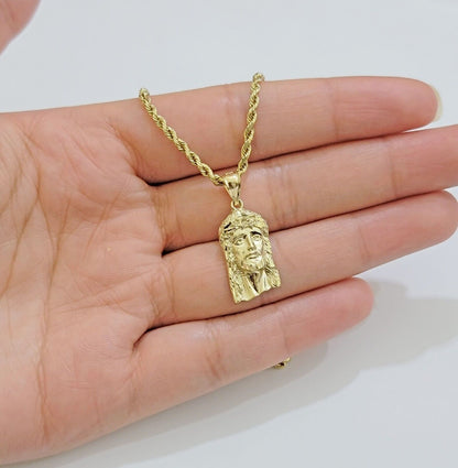 REAL 10k Gold Pendant & Solid Rope Chain Necklace 18" - 24 Inch Jesus Face Charm - Reva Jeweler
