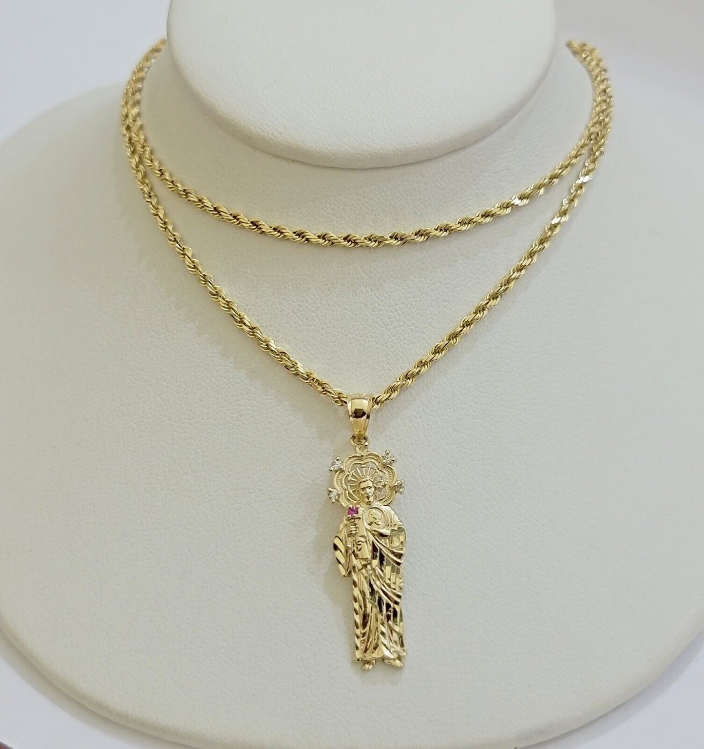 REAL 10k Gold Pendant & Solid Rope Chain Necklace 18" - 24 Inch Saint Jude Charm - Reva Jeweler