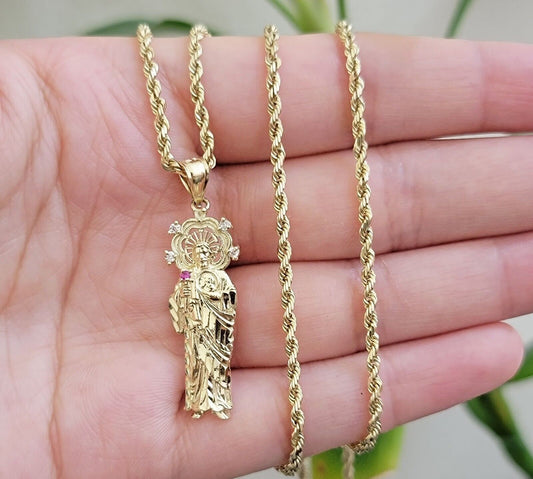 REAL 10k Gold Pendant & Solid Rope Chain Necklace 18" - 24 Inch Saint Jude Charm - Reva Jeweler