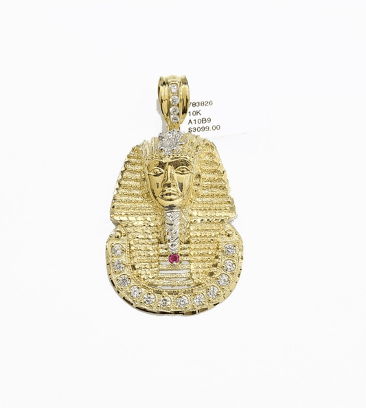 Real 10k Gold Pharaoh Head Charm Pendant 2" 10kt Yellow Gold for Chain - GoldenlinQ