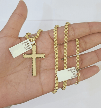 Real 10k Gold Plain Cross Byzantine Chain Necklace 3mm 20" SET 10kt Genuine - GoldenlinQ