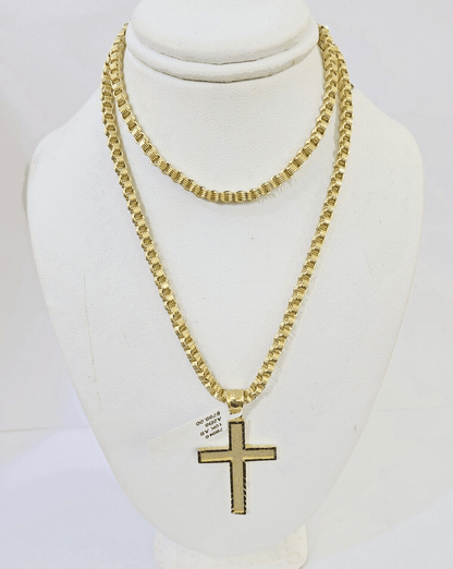 Real 10k Gold Plain Cross Byzantine Chain Necklace 3mm 20" SET 10kt Genuine - GoldenlinQ
