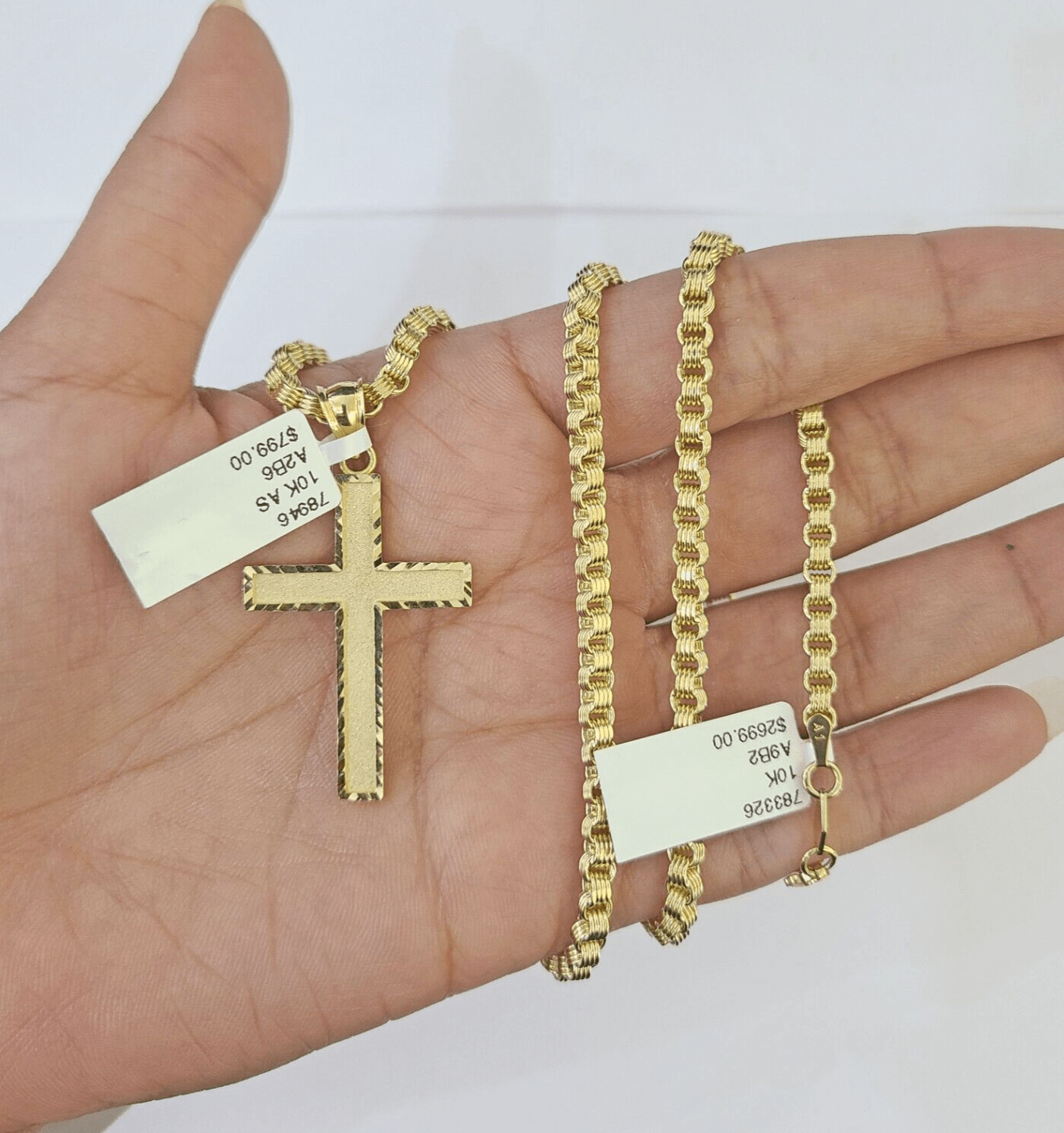 Real 10k Gold Plain Cross Byzantine Chain Necklace 3mm 22" SET 10kt Genuine - Reva Jeweler