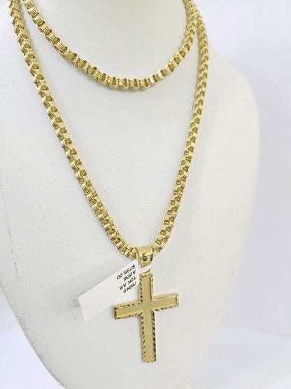 Real 10k Gold Plain Cross Byzantine Chain Necklace 3mm 22" SET 10kt Genuine - Reva Jeweler