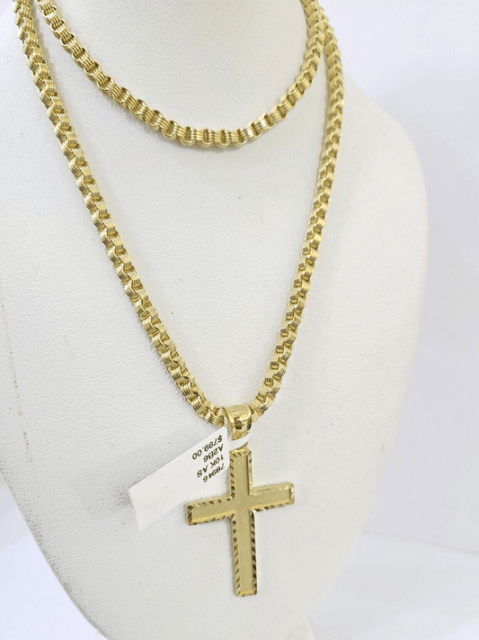 Real 10k Gold Plain Cross Byzantine Chain Necklace 3mm 22" SET 10kt Genuine - Reva Jeweler