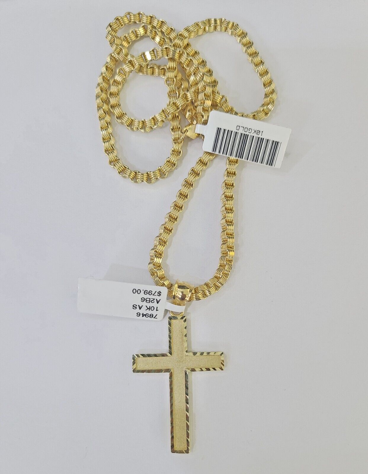 Real 10k Gold Plain Cross Byzantine Chain Necklace 3mm 22" SET 10kt Genuine - Reva Jeweler