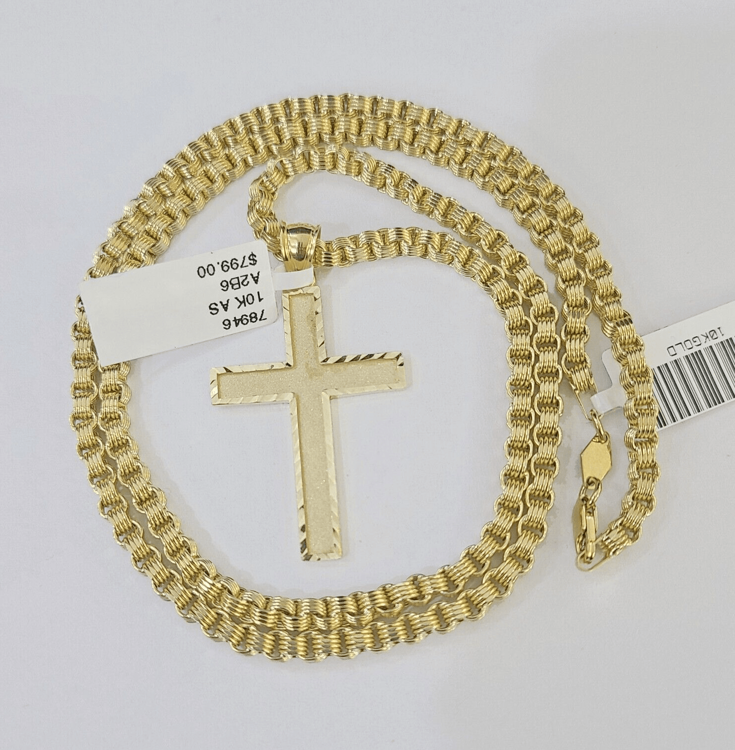 Real 10k Gold Plain Cross Byzantine Chain Necklace 3mm 22" SET 10kt Genuine - Reva Jeweler