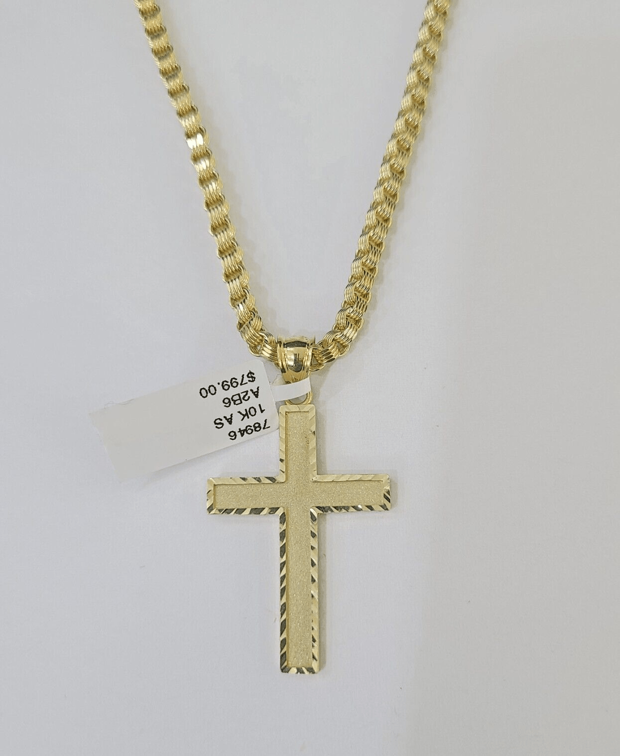Real 10k Gold Plain Cross Byzantine Chain Necklace 3mm 22" SET 10kt Genuine - Reva Jeweler