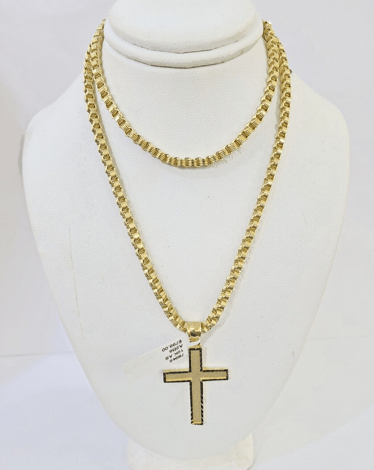 Real 10k Gold Plain Cross Byzantine Chain Necklace 3mm 22" SET 10kt Genuine - Reva Jeweler