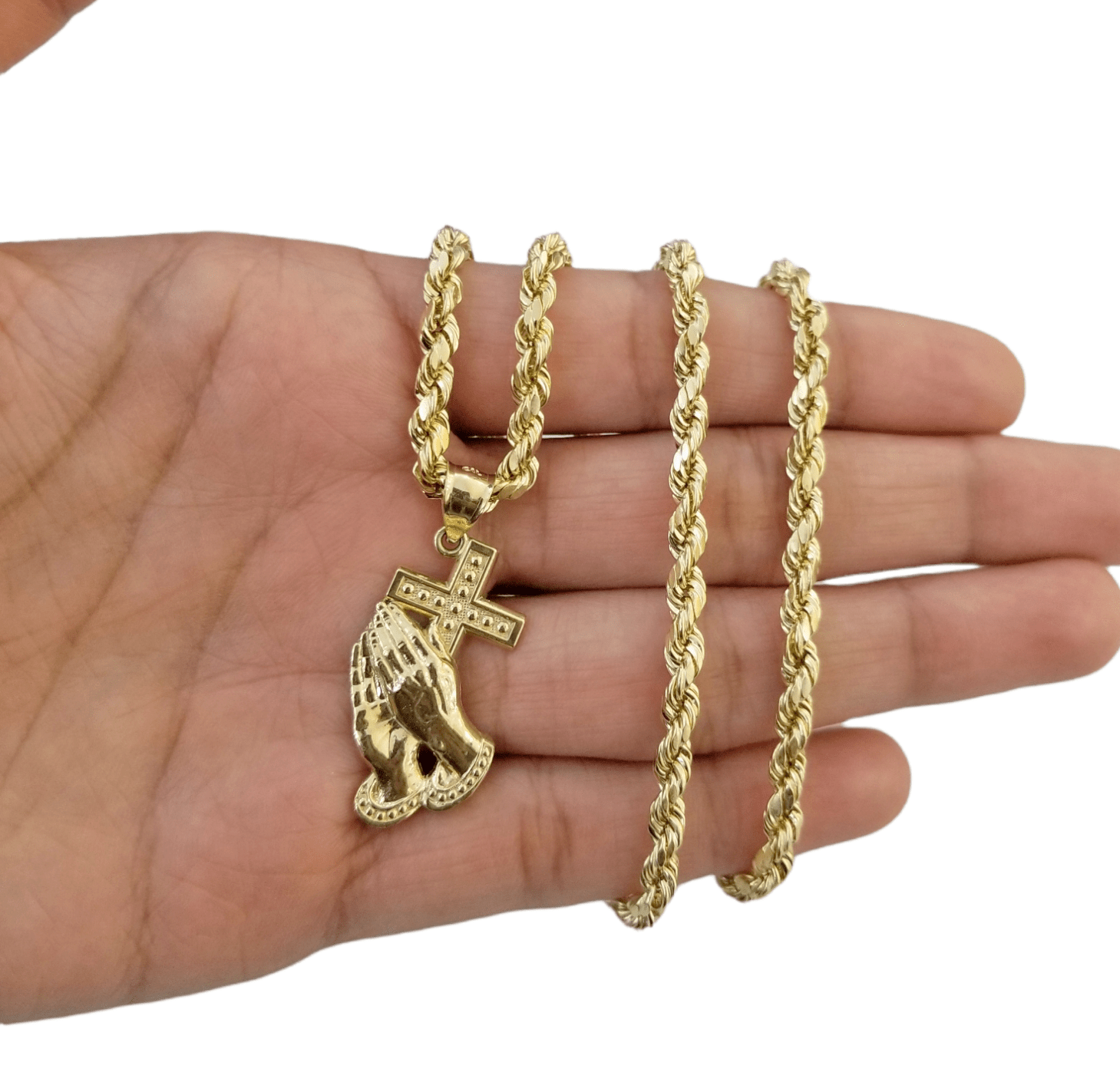 Real 10K Gold Praying Hand 20" Rope Chain Cross Pendant Charm 4mm - Reva Jeweler