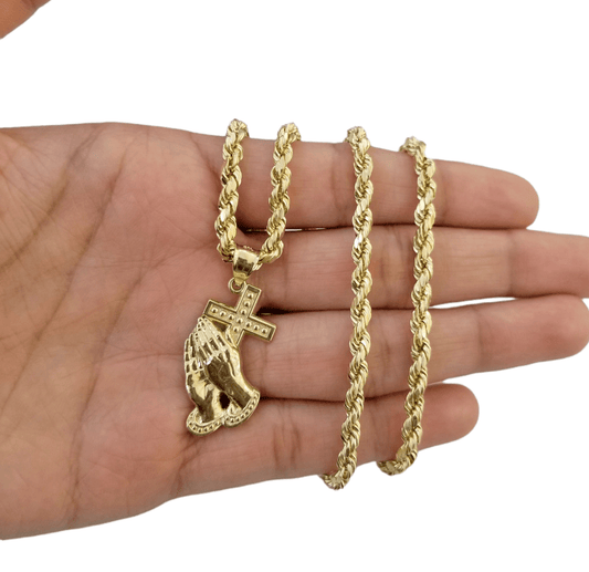 Real 10K Gold Praying Hand 20" Rope Chain Cross Pendant Charm 4mm - Reva Jeweler